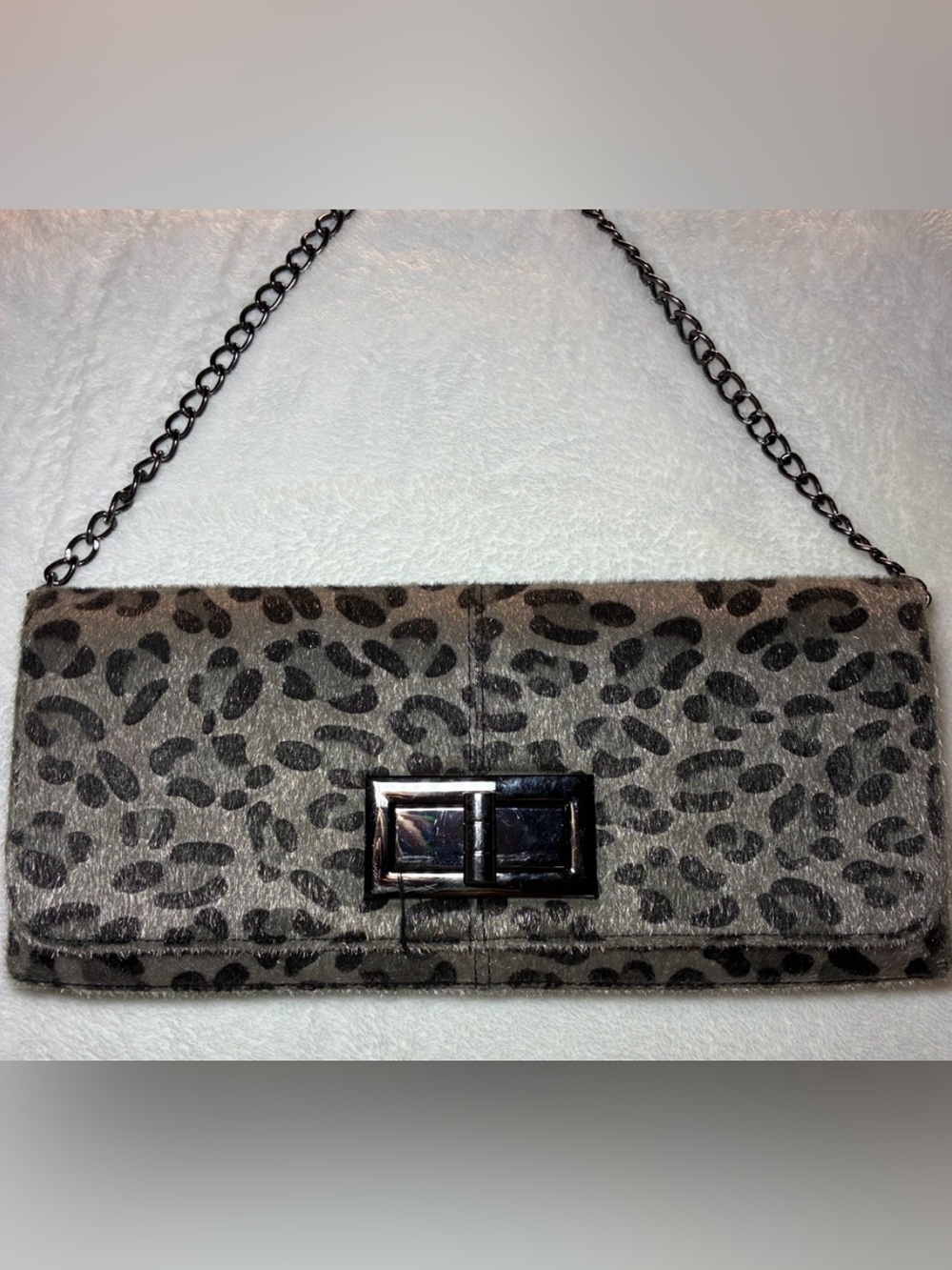Y2K Vintage Poppie Jones horse hair shimmering gray cheetah print clutch/bag